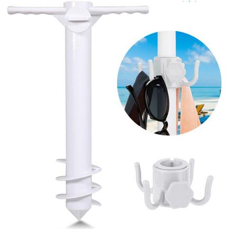 Ancre de sable - Support parasol plage 3 spirales - Pour vents forts - Compatible diamètre mât 22 à 38 mm - Avec crochet suspension 4 pattes - Lot de 2 pièces (1/4)