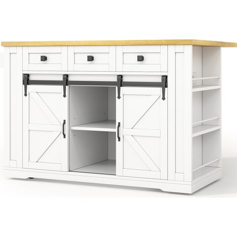 Isla de cocina móvil con tablero abatible, regleta y puertas correderas 130 x 50/80 x 87 cm (1/5)
