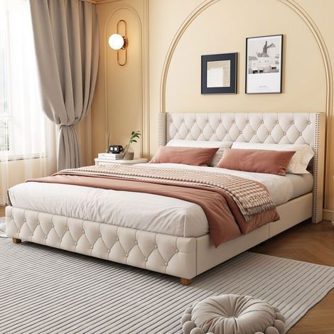 Lit Rembourré 140x190cm Tissu lin beige avec sommier à lattes - Lit adulte - Tête de lit capitonnée, rivets, pieds bois massif (1/5)