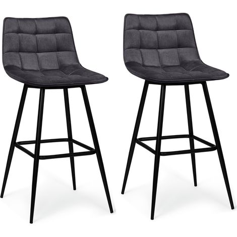 Idmarket – Lot de 2 tabourets de bar en velours gris foncé – Hauteur d'assise 65 cm – Pieds en métal noir – Design moderne et cosy