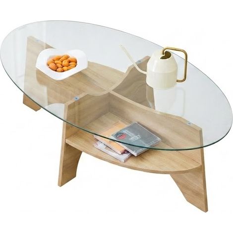 ELVMI Tavolino da Caffè Ovale con Ripiano Inferiore, Piano in Vetro Temperato, per Soggiorno, in MDF, Trasparente (1/5)