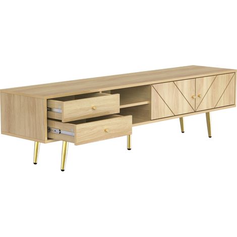 Meuble TV 160 cm en bois avec pieds dorés, 2 tiroirs et portes à rainures inclinées (1/5)