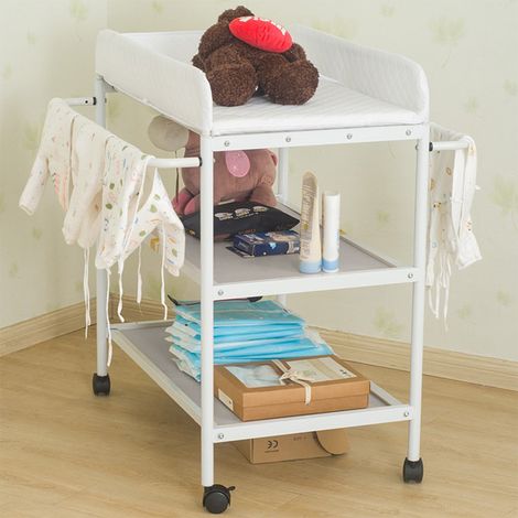 Cambiador de bebé portátil multifuncional de 84×72×90 cm con ruedas con 2 estantes de almacenamiento - Blanco