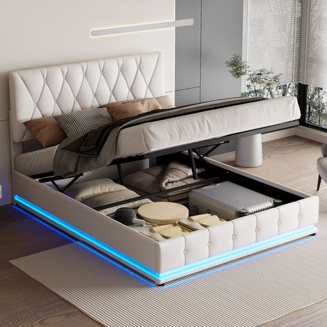 Doppelbett Polsterbett 140x200 cm mit Diamant-Kopfteil, LED-Beleuchtung und Bettkasten, hydraulischer Lift, Lattenrost, modernes Doppelbett, Kunstleder, weiß (1/5)