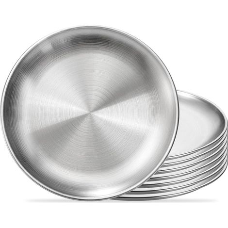 Lot de 8 Assiettes Inox 20 cm – Plats Ronds de Service en Acier Inoxydable Durable, Plateau à Fruits, Gâteau, Barbecue, Pique-nique, Camping, Vaisselle Réutilisable Facile à Nettoyer (1/5)