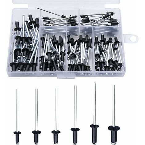 CHOYCLIT Rivets Aveugles Noirs 120 Pièces, Aluminium à Tête Ronde, Clous Pop avec Coffret Rangement, Assortiment pour Tôles et Métaux (1/5)