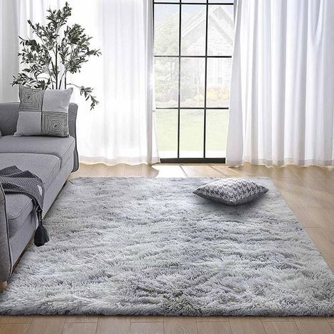 Tapis pelucheux à poils longs et antidérapant pour chambre à coucher, salon, (80 x 120 cm, gris et blanc) (1/5)