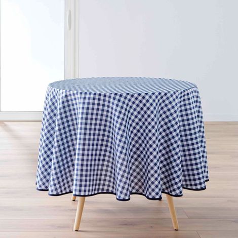 Nappe Ronde Antitache Imprimé "Vichy" 180cm Bleu (1/4)