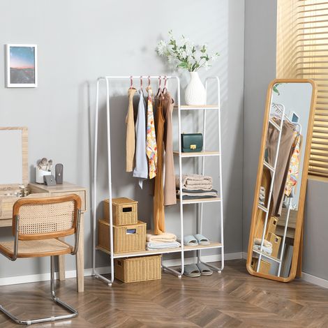 Perchero de Ropa de Madera con 5 Estantes y Barra para Colgar para Dormitorio Salón 101x39x160 cm Natural (1/5)