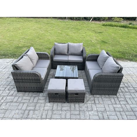 Fimous 8 Seater Outdoor Garden Furniture Sets Wicker Rattan Furniture Sofa Sets with Square Coffee Table Love seat Sofa 2 Small Footstools (1/5)