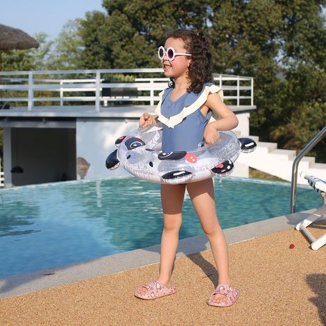 Bouée d'apprentissage de natation pour bébé, design panda avec paillettes, poignées sécurisées et structure gonflable épaisse. (1/4)