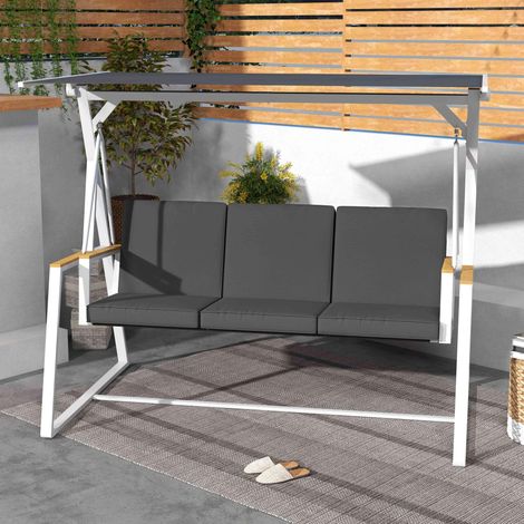 Columpio de jardín de 3 plazas con toldo reclinable, colchón incluido, dimensiones 205 cm de largo x 130 cm de ancho x 175 cm de alto, gris oscuro.