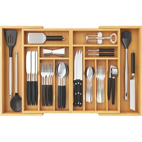 Grand Range Couverts Extensible de 53,3 jusqu'à 91,4 cm de Large, Rangement Couvert Tiroir Cuisine, Organisateur en Bambou pour Couverts, Cuillères, Fourchettes, Couteaux, Naturel (1/5)