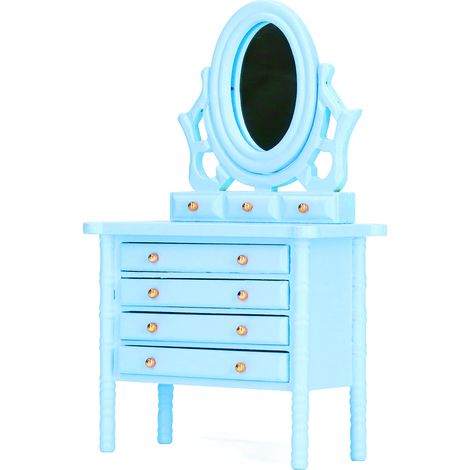 Table de Chevet Miniature 1:12 en Bois avec Miroir Bleu pour Maison de Poupée (1/5)