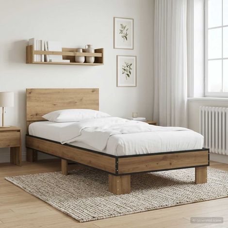 Cadre de lit 80 x 200 cm avec tête de lit en bois d’ingénierie chêne artisanal - PANGIVO (1/5)