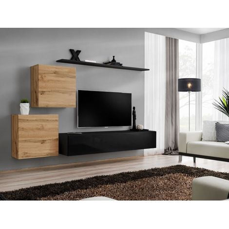 Ensemble mural - Switch V - 1 vitrine carrée - 1 banc TV - 1 étagère - Bois et noir - Modèle 1 - Livraison gratuite