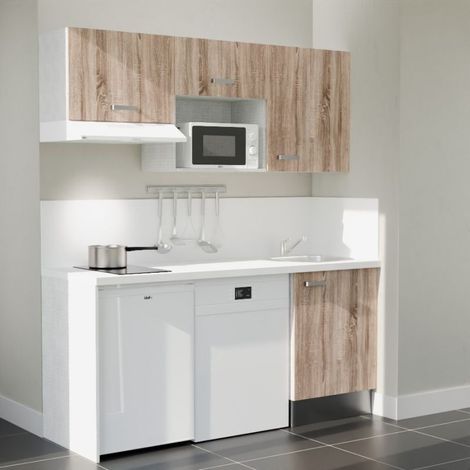 Kitchenette K55L-PT - 180 cm avec plan de travail et évier - Façade Bois - Plan Blanc - Crédences Oui