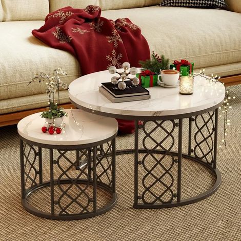 Ensemble de 2 tables basses Okwish, tables d'appoint pour chambre ou balcon, tables gigognes pour salon, idéal pour Noël, blanc et noir (1/5)