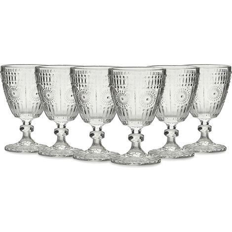 Set 6 Bicchieri a Calice con piede in Vetro Trasparente da 30cl Design Vintage Elegante stile Pregiato Ideale per Acqua Vino e Tavole Raffinate Settore Casa e HORECA
