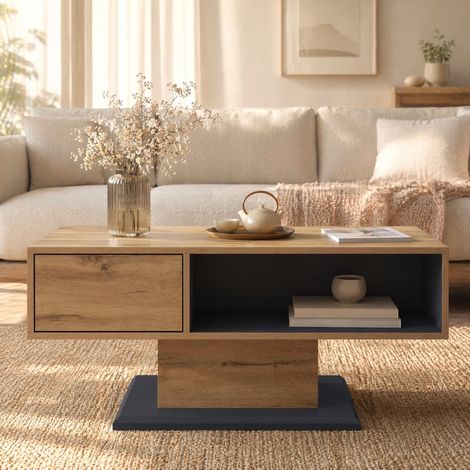 Mesa de centro 100 x 50 x 46,5 cm de madera roble y gris con almacenaje FloraGrace (1/5)