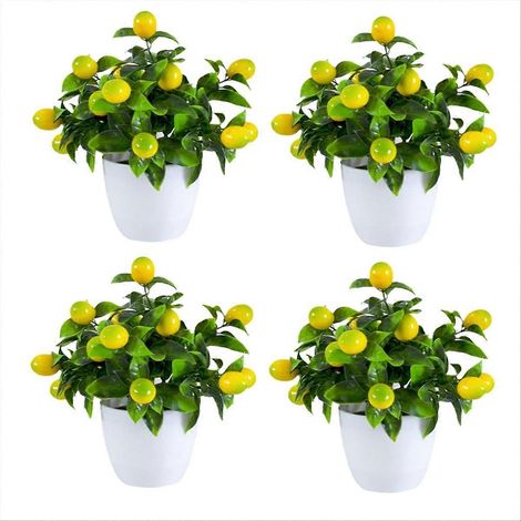Lot de 4 plants de citronniers artificiels en pot, faux citronniers avec petit pot, mini fausses plantes pour intérieur et extérieur (1/5)