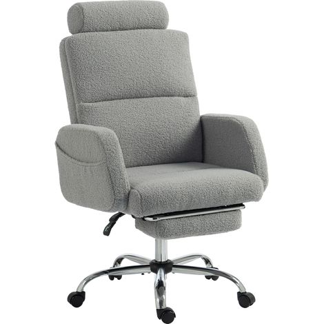 Chaise de bureau avec repose-pieds, revêtue de peau de mouton, avec dossier inclinable et appui-tête réglable, gris clair (1/5)