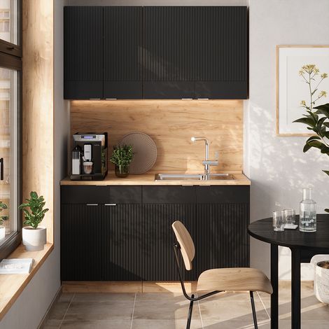 Cuisine Fame-Line, Noir rayé/Chêne doré, 140 cm, PT Anthracite, Vicco