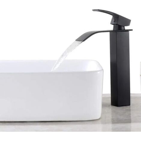 Robinet de Salle de Bain Cascade à Levier Unique Noir, Mitigeur de Lavabo Carré Laiton, Haut Mitigeur Vasque à Poser Eau Chaude et Froide (1/5)