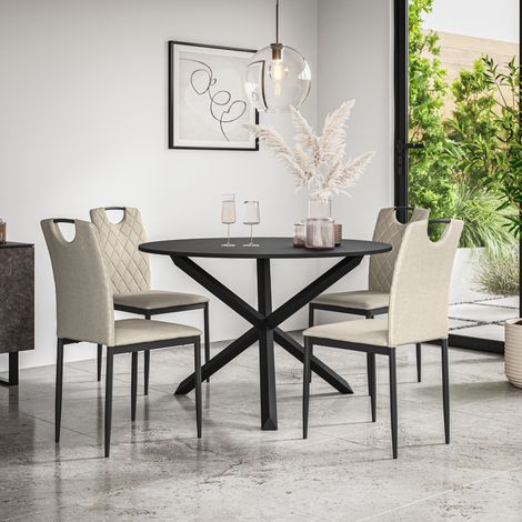 Malvern Round Dining Table And Chairs -  Black Table Top w Solid Oak Black Legs + Monza Fabric Dining Chair Set Of 4 (Beige) (1/5)