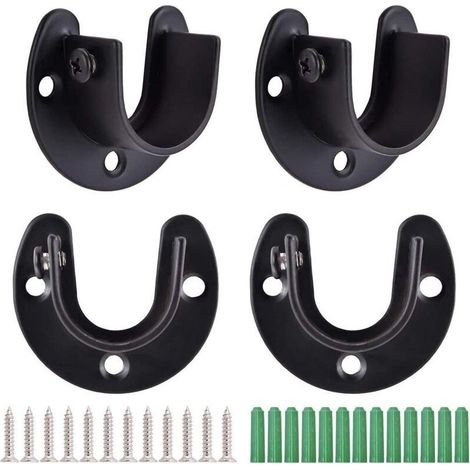 4Pcs Tringle à Rideaux en Forme de U, Support de Tringle à Penderie à Rideaux, Douilles de Poteau de Penderie en Acier Inoxydable, Support de Bride, Extrémité de Tige de Penderie avec Vis, Noir (1/5)