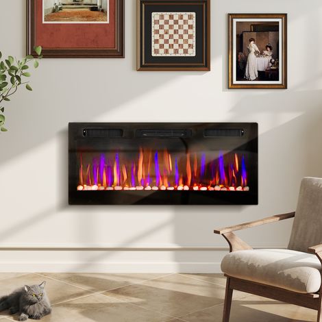Chimenea Eléctrica Pared Empotrable Ultrafina con Llama 3D Brillo/Velocidad Ajustable y 12 Colores Guijarros 900/1800W (1/5)