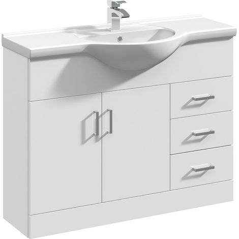 2 Door 3 Drawer Vanity Basin Unit with Round Basin - 1050mm - Gloss White (1/5)