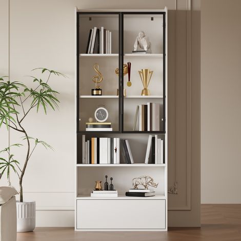MEUBLIV Vitrine 80x34x180 cm blanche – rangement avec LED, 1 tiroir et portes vitrées (1/5)