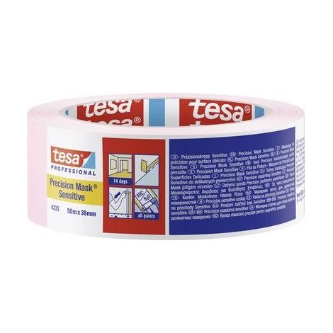 Tesa – Ruban de masquage rose clair 50m x 38mm – Papier lisse pour surfaces délicates – Retrait facile jusqu'à 1 semaine