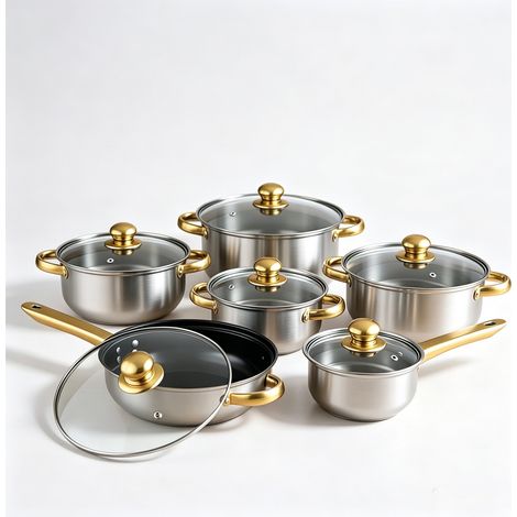 Batterie De Cuisine - 12 pièces, poêle à frire en acier inoxydable, poêle antiadhésive, avec poignée, compatible avec les plaques de cuisson à gaz et à induction (1/5)