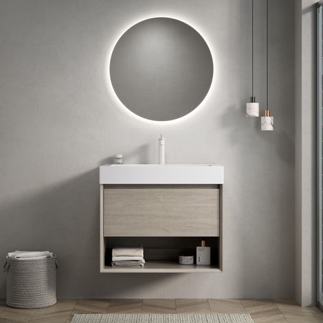 Meuble sous vasque suspendu 70 cm, avec vasque intégrée rectangulaire blanche – avec 1 tiroir et 1 étagère ouverte, finition chêne clair (1/5)