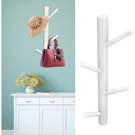 Perchero de pared Sin taladros Soporte para sombreros con forma de árbol Organizador vertical de madera blanca con 4 ganchos, no requiere taladros (1/5)