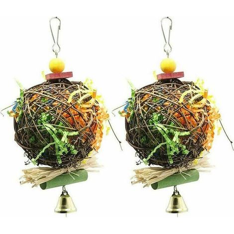 Juguete para pájaros, juguete para loros, artículos para aves Takraw, hierba cepillada, juguetes masticables para loros, 2 piezas, 10x10cm (1/3)