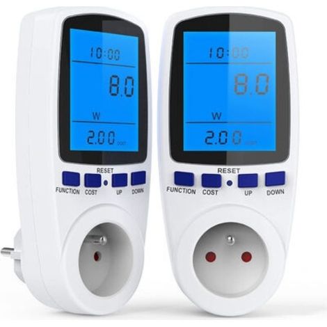 Prise compteur d'énergie 3680W MAX – Mesure tension, courant, puissance – 7 modes – Écran LCD rétroéclairé – Lot de 2 (1/5)