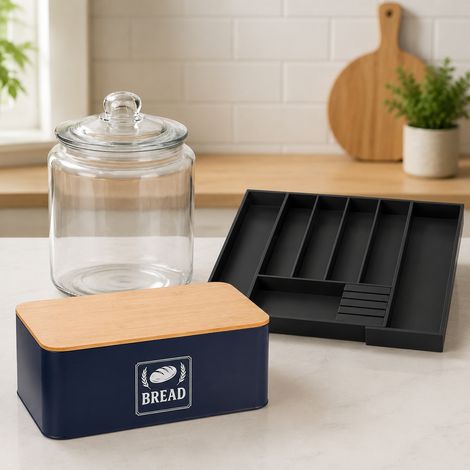 Ensemble de rangement de cuisine rétro (3 pièces) – Boîte à pain avec couvercle en bambou, plateau à couverts extensible et bocal hermétique (1/5)