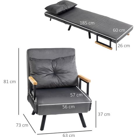 Canapé-lit pour une personne, fauteuil relax inclinable, revêtement velours aspect suédé, gris anthracite, fonction lit intégrée, dossier ajustable, meuble 2-en-1 (1/5)