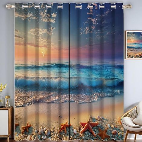Lot De 2 Rideaux Occultant Style Réaliste Isotants Thermique Anti Froids Rideau À Oeillets Coquillages De Plage, Bleu, 117L X 137H Cm (1/5)
