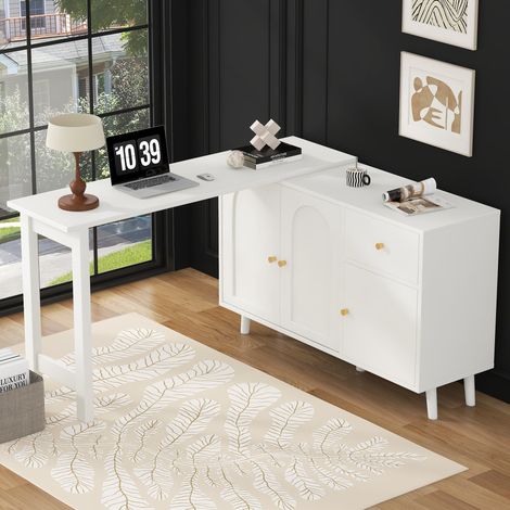 Tisch aus Spanplatte in Weiß 120 x 40 x 74,5 cm, drehbar 2-in-1 als Schreibtisch und Sideboard (1/5)