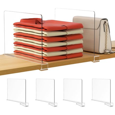 Set aus 4 Kleiderschrankregalen mit transparenten Fächern, vertikaler Organizer für Taschen, ideal zur Aufbewahrung von Pullovern, Hemden und Taschen, erleichtert die Organisation.