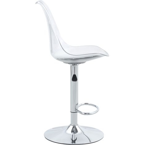 Ensemble de deux tabourets de bar modernes et réglables, avec dossiers en plastique transparent. Hauteur réglable, pivotant à 360°, idéal pour les cuisines et les petits restaurants.