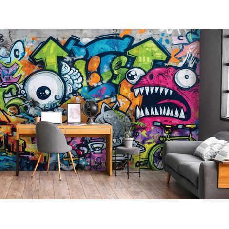 Fototapete Graffiti Mauer Ziegel, für Jugendzimmer, 400 x 280 cm – Komplettset inkl. Kleister & Anleitung (1/4)