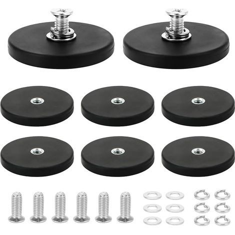 Lot de 8 aimants en néodyme antidérapants en néodyme caoutchoutés 43 mm avec vis M4, socle de montage 15 kg, force d'adhérence pour vis, œillet ou crochet (1/5)