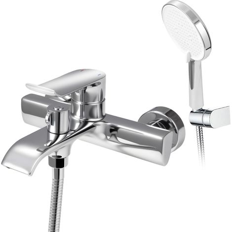 Robinet de baignoire avec bec cascade et douchette à 3 types de jet, robinet à économie d'eau en laiton avec support mural, chromé (1/5)