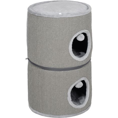 Tour griffoir chat modulable tonneau avec fermeture éclair, 3 étages, deux balles, Ø 42 x 69H cm, gris (1/5)