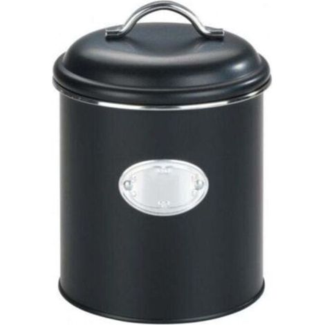 Boite de rangement métal avec couvercle et étiquette décorative, Nero, rangement pomme de terre, oignons, Capacité 1,6 l, Métal, Ø 13x18 cm, noir